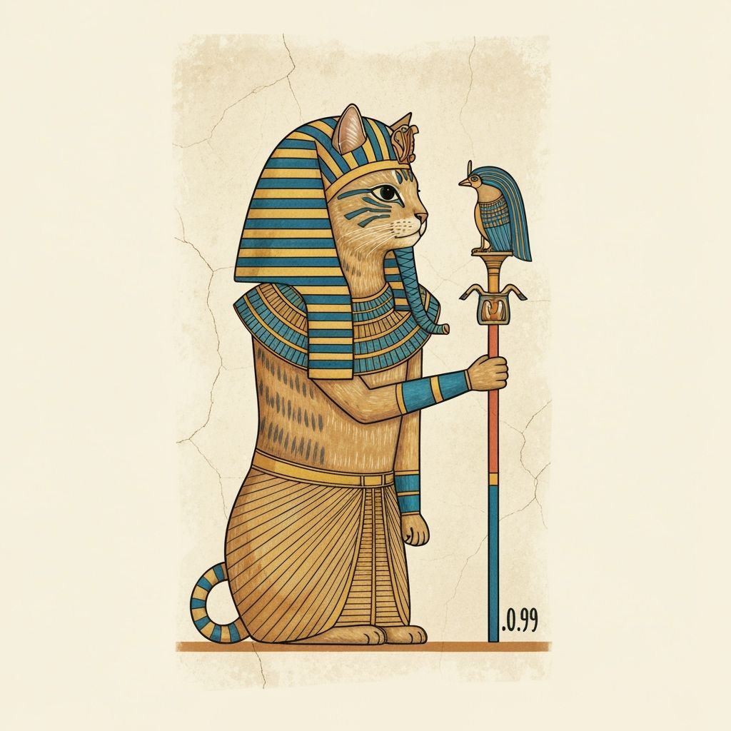 Ancient Egyptian style wall painting of a cat dressed as the...