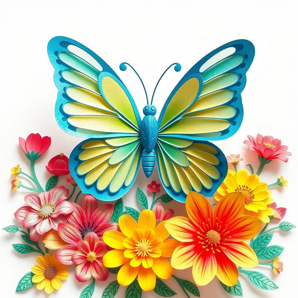 Intricate Popup Butterfly and Flowers Illustration