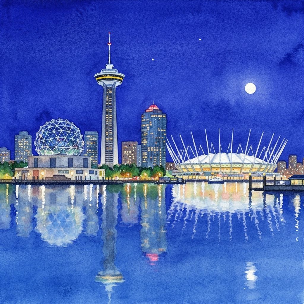 Dreamy Watercolor of Vancouver Skyline at Night