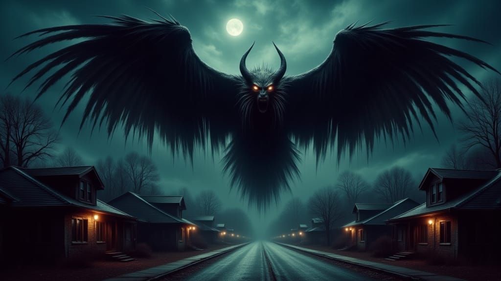 Gigantic Winged Creature Over Sleeping Suburb