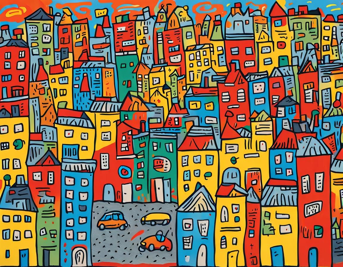 Naive Art Cityscape with Playful Colors