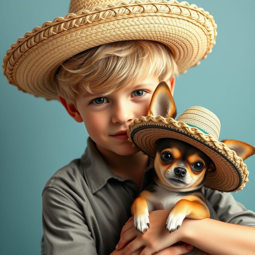 Boy and Chihuahua in Sombreros: Photorealistic 8K