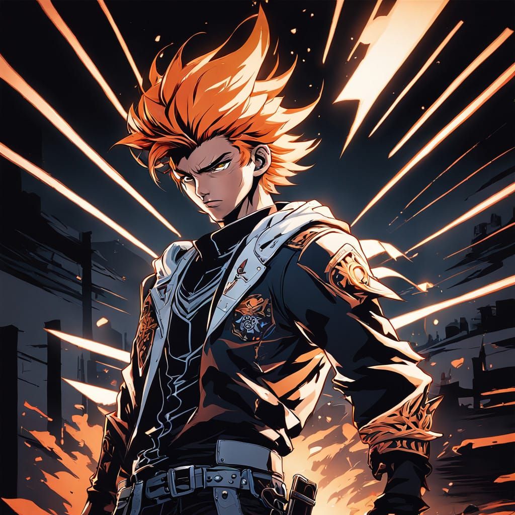 Anime Cowboy Hero in Vibrant Orange Hair and Streetwear Atti...