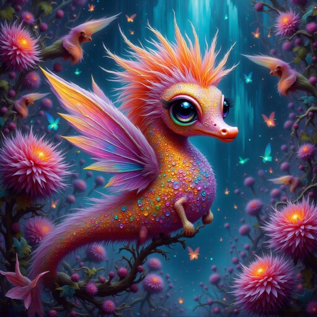 Iridescent Seahorse with Wings on Alien Flora