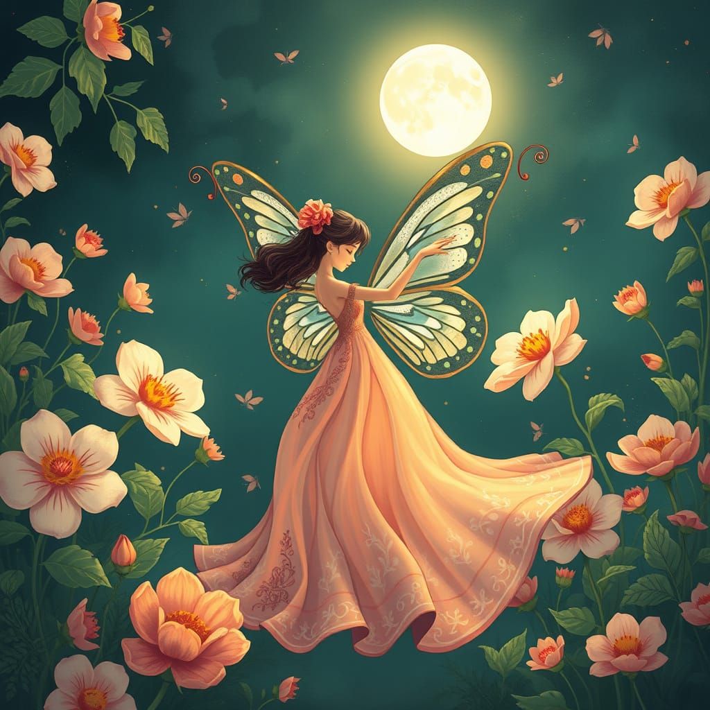 Butterfly Girl Dancing in Moonlight, Anime Style
