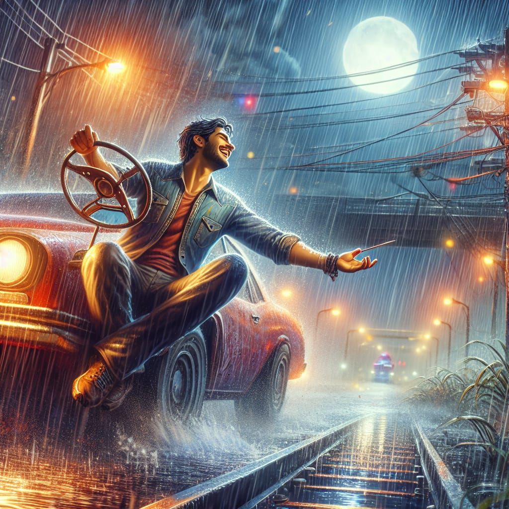 Joyful Man Driving Car in Rainy Night: Matte Painting