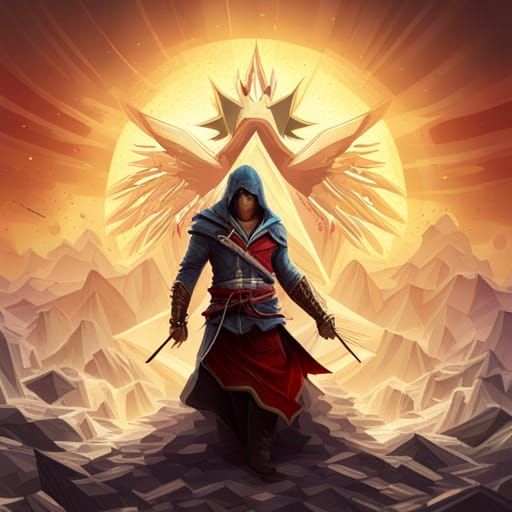 Assassin's Creed Vahalla Symbol surrounded by a wolf, a raven, and 
a phoenix