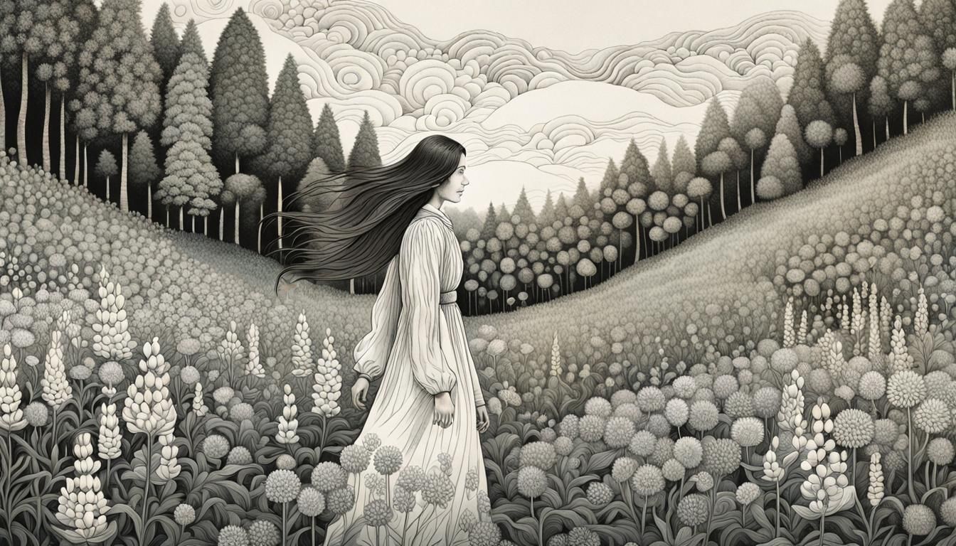 Woman in Lupinus Field: Etching with Warped Perspective