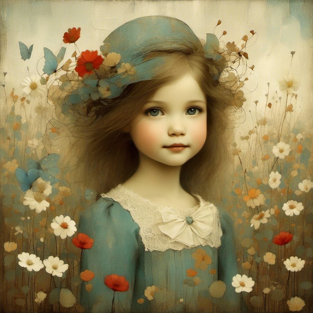 Vintage Girl with Sweet Smile in Garden