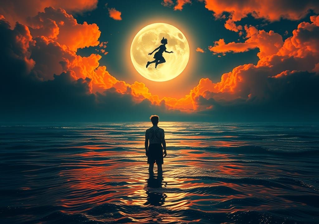 Moonlit Silhouette Soaring Skyward: Art Nouveau Splash Art