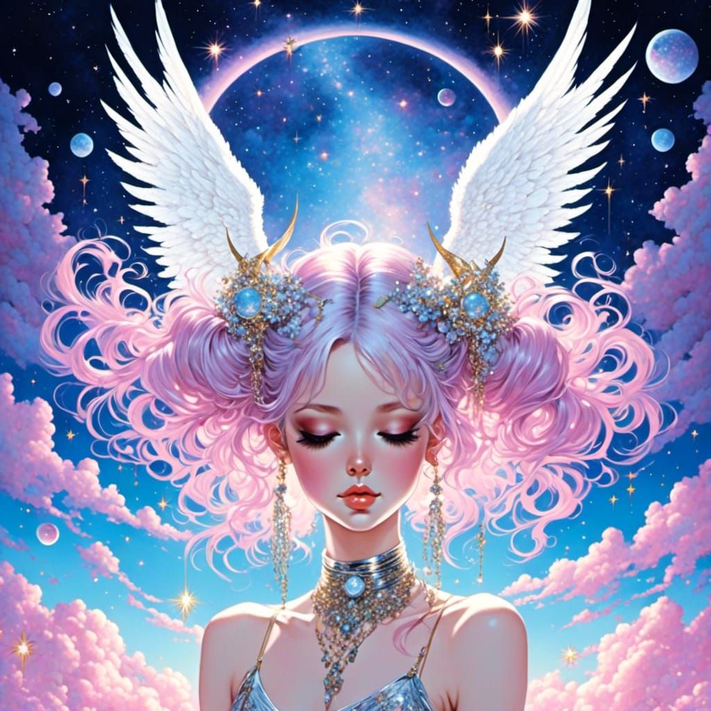 Cosmic Angel with Space Buns and Glittering Stars