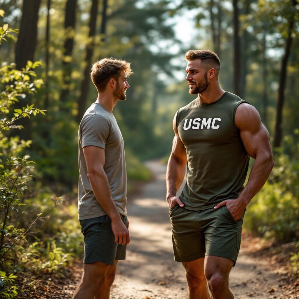 Handsome Marine in Gym Shorts on Jogging Trail