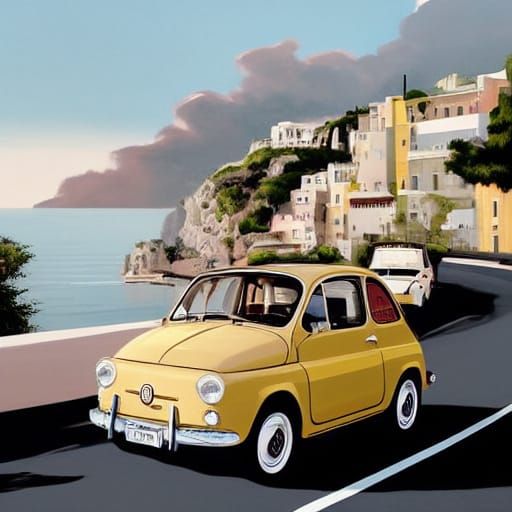 Vintage Fiat 500 Cruises Amalfi Coast in Whimsical Watercolo...