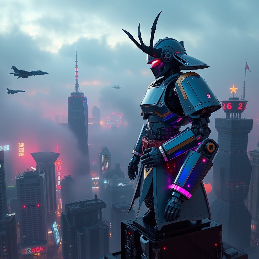 Cyberpunk Robot Samurai Overlooking Neon Cityscape