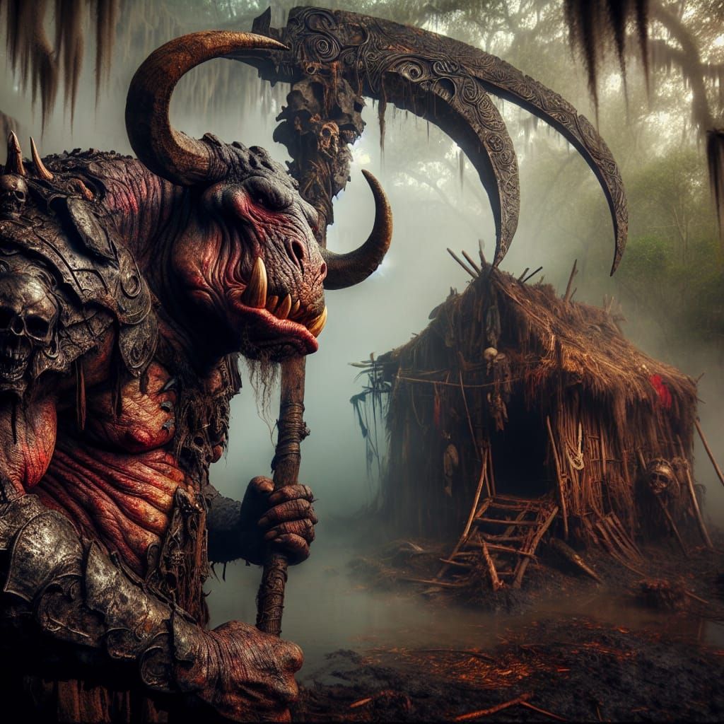 Fearsome Hippo Demon with Scythe in Dystopian Swamp