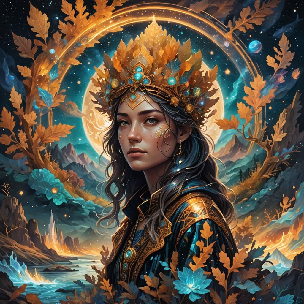 Astral Wanderer in Cosmic Landscape, Holographic Illustratio...