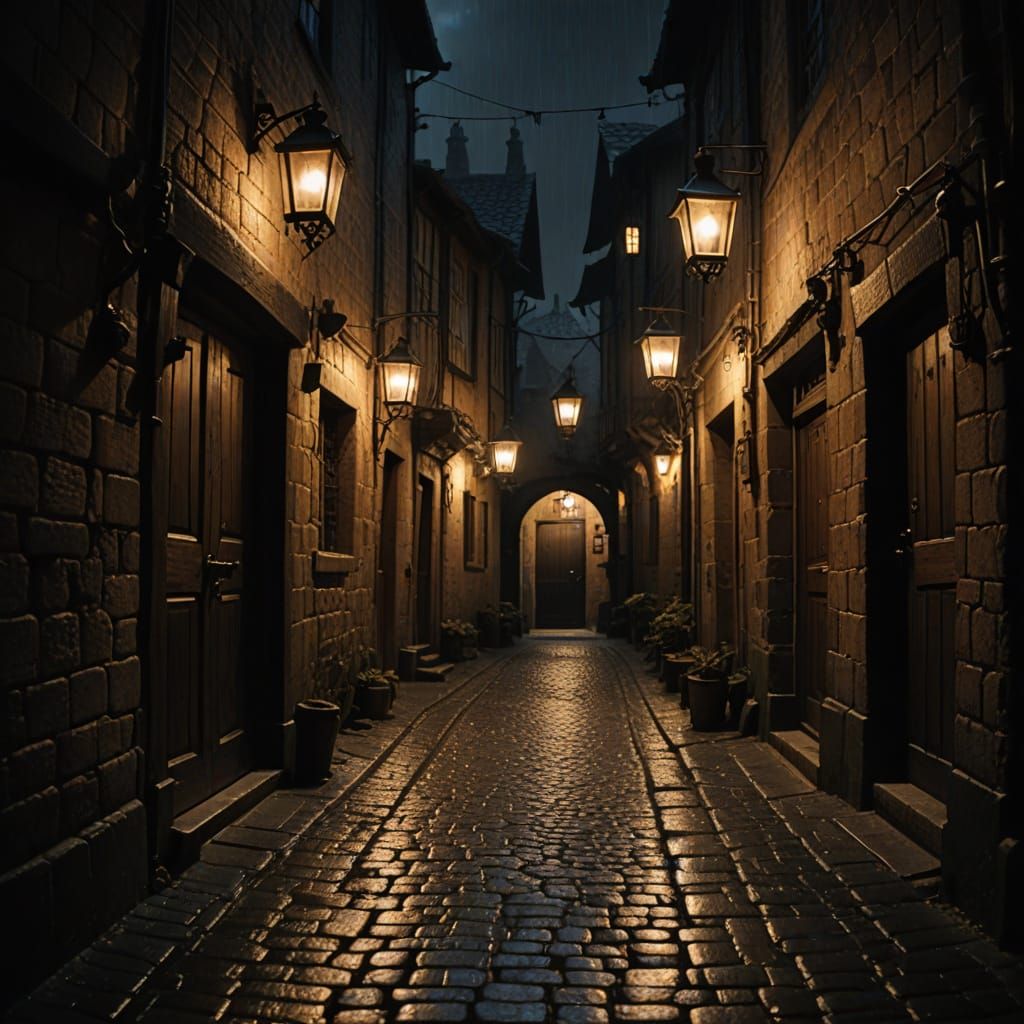 Medieval Alleyway at Night: Cinematic Film Still