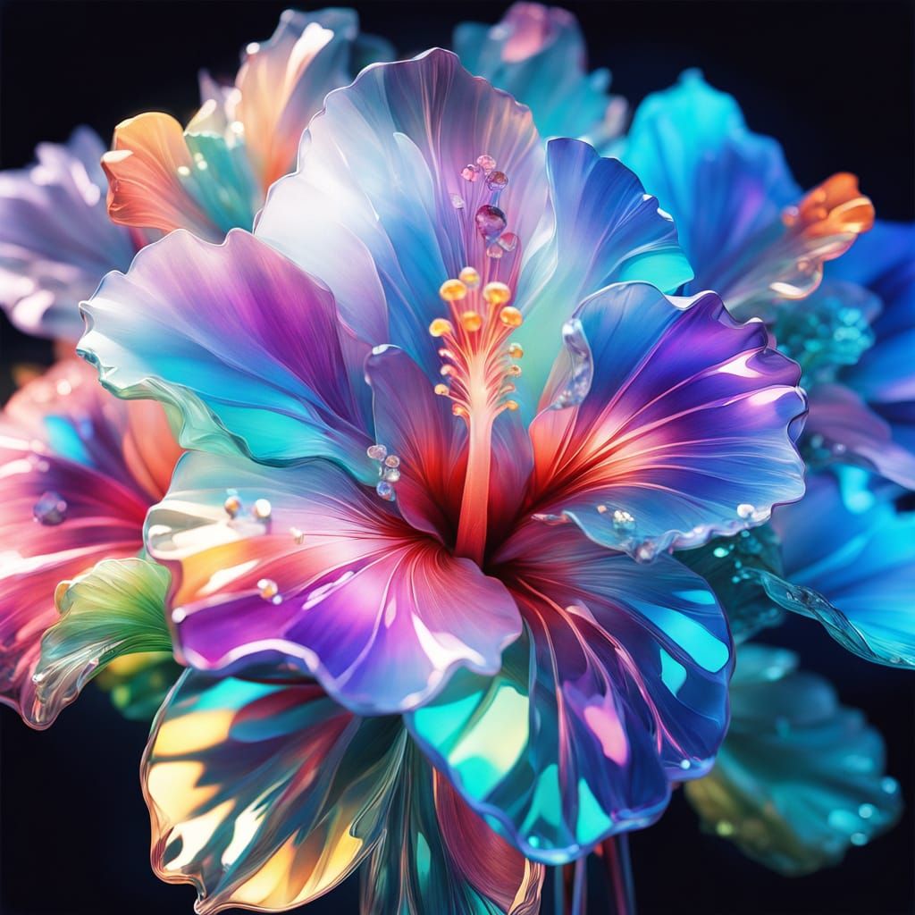 Crystal Hibiscus Flowers in Vibrant Oil Painting Style