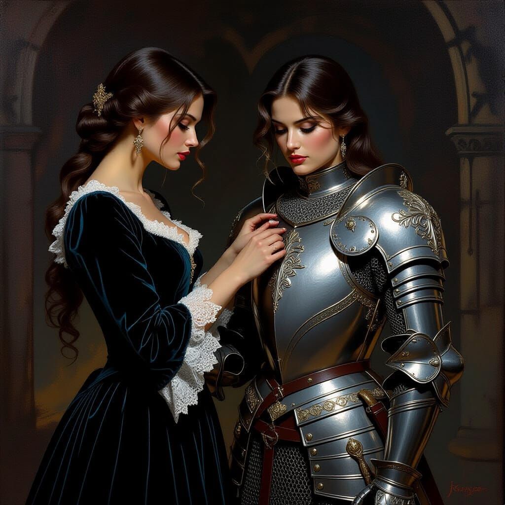 Female Knight Assisted in Ornate Armor, Oil Painting