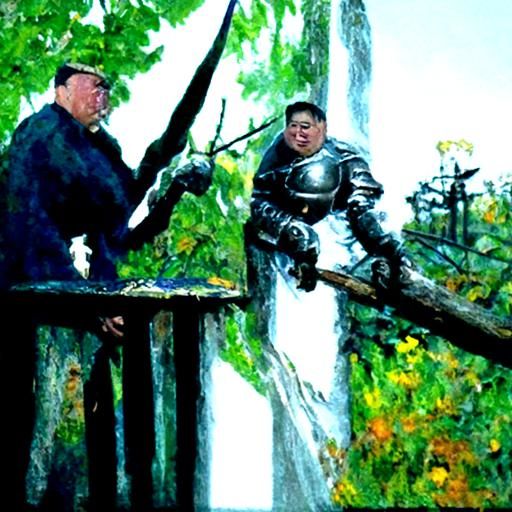 Kim Jong-un Fencing with Knight: Oil Painting