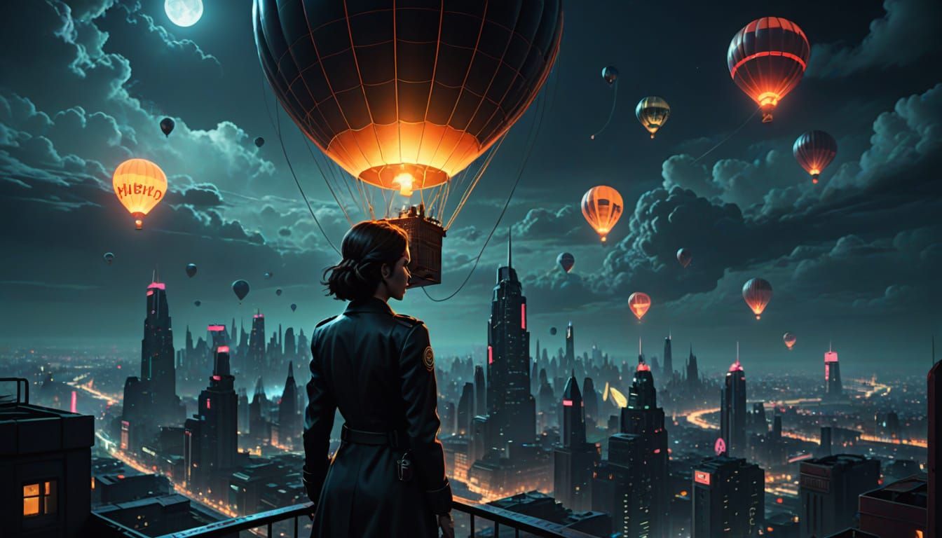 Female Agent Navigates Retro-Futuristic Balloon Over Neon Ci...