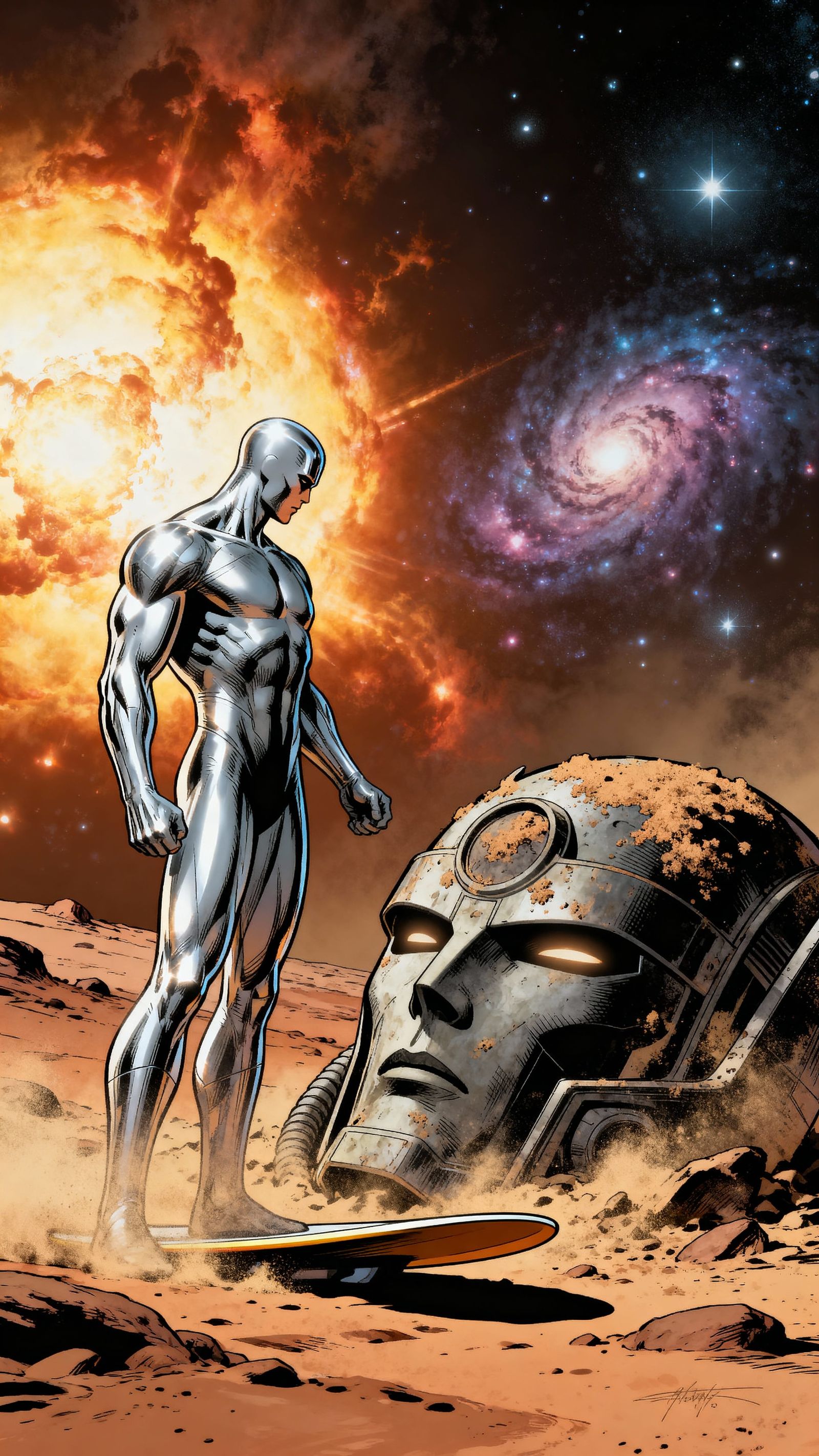 Silver Surfer Inspects Galactus Helmet on Mars