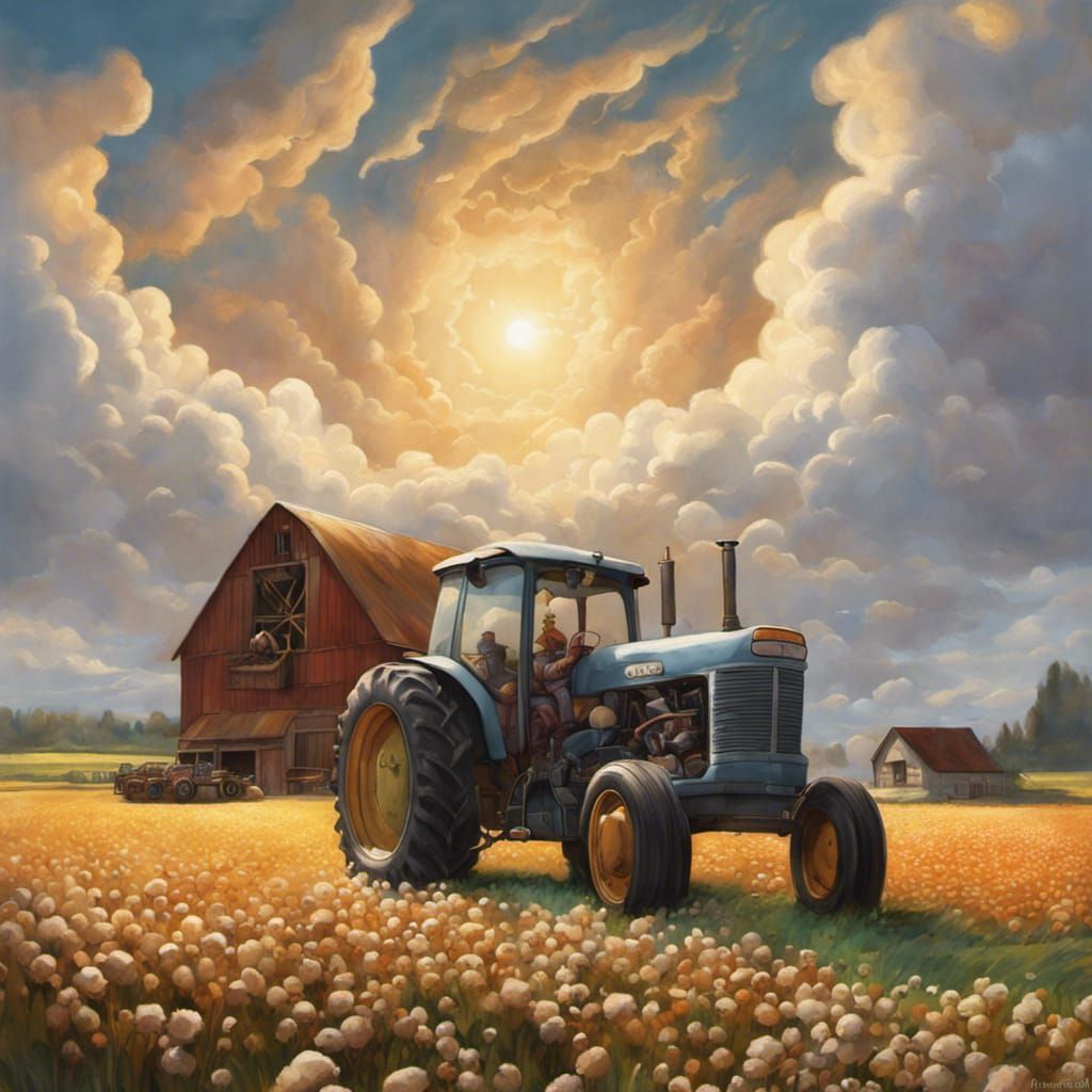 Tractor in Cotton Field: Surrealist Fantasy Art