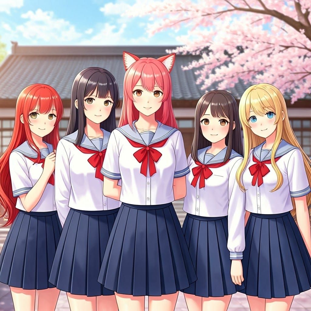 Young Japanese Schoolgirls in Spring Cherry Blossom Uniforms