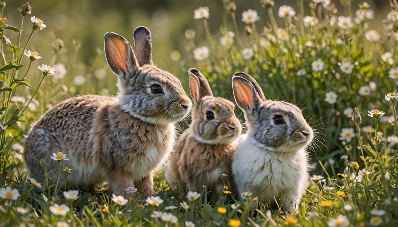 Baby Rabbits Playing in Wildflower Meadow