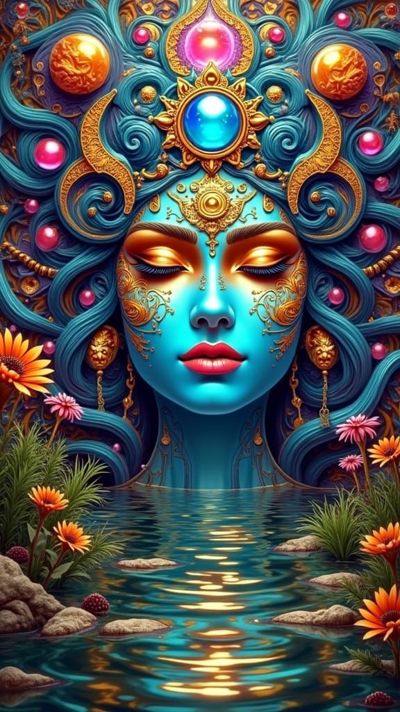 Blue Goddess Emerges from Turquoise Vortex
