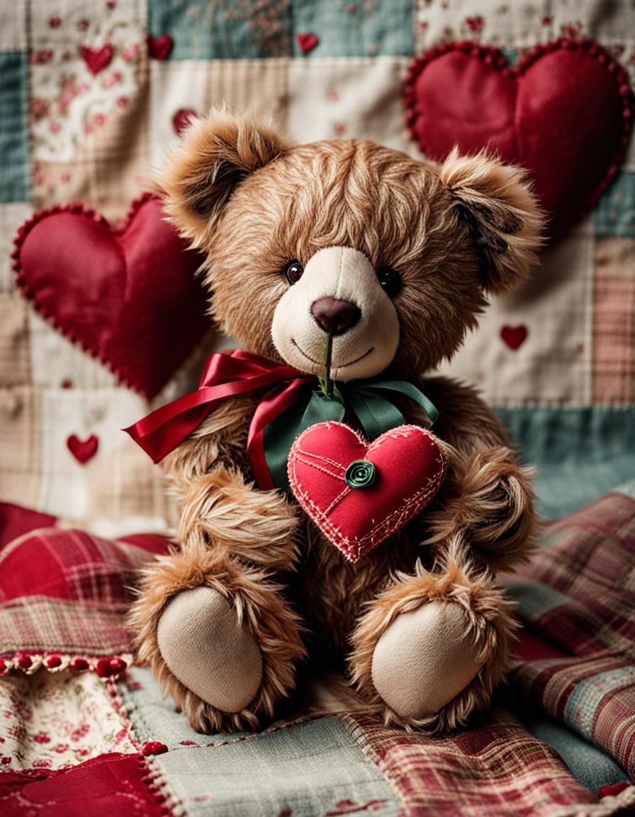 Valentine Teddy Bear with Heart and Rose