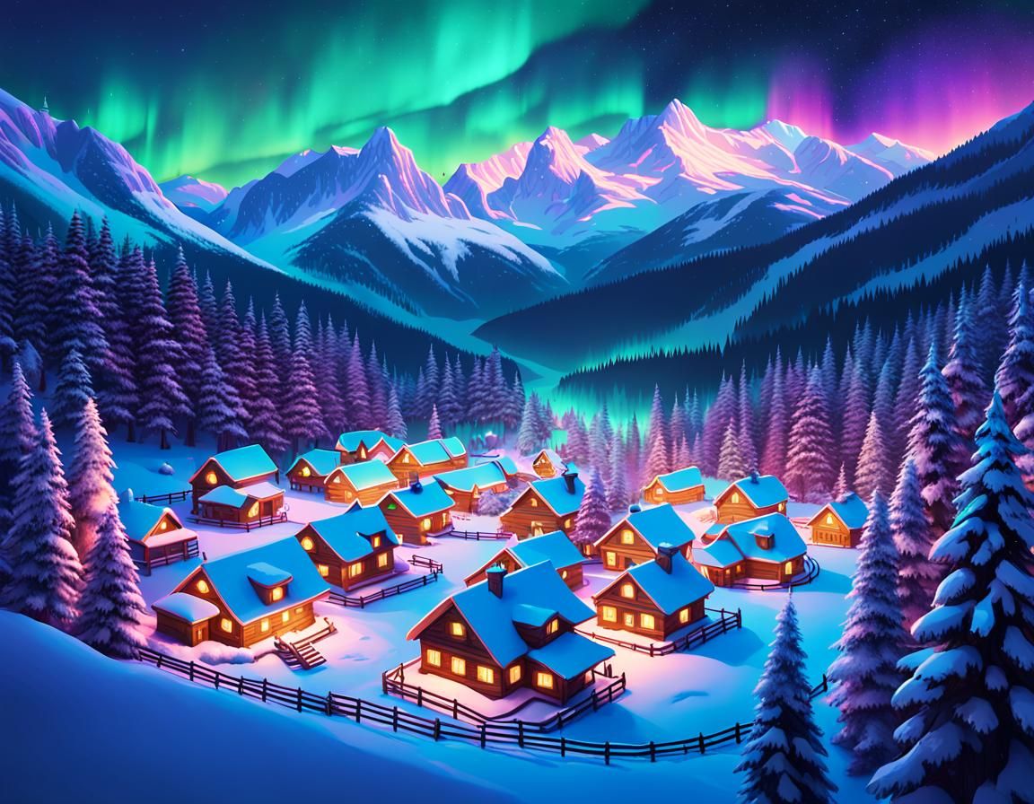 Snowy Santa's Village Under Aurora Borealis