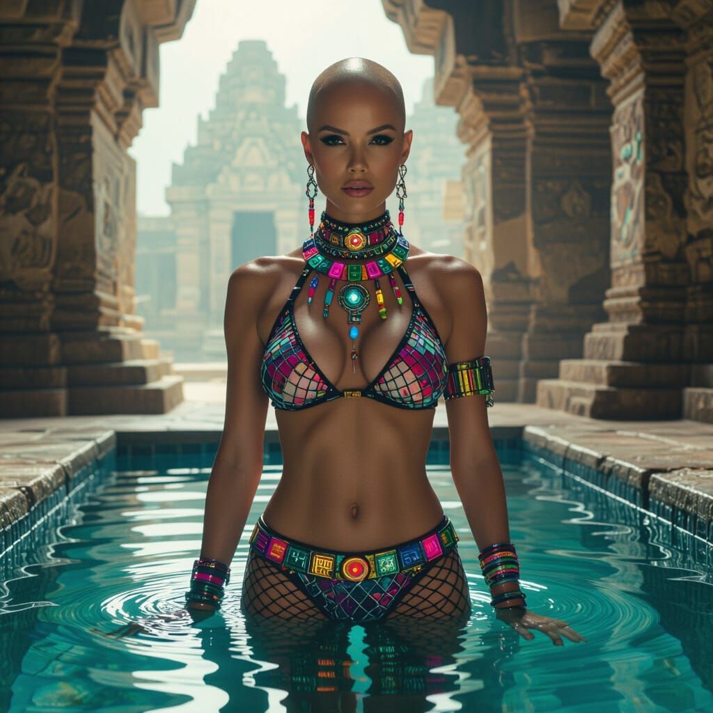 Bald Woman in Futuristic Jewelry Inside Alien Temple