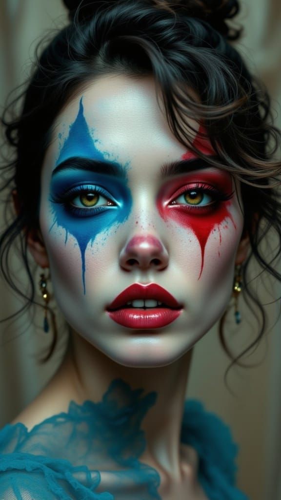 A Woman's Dual Expression in Surreal, Painterly Realism