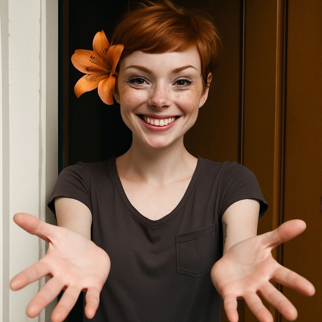 use the character in the start image. Have her looking at the camera, smiling, and a full body view with hands out towar...