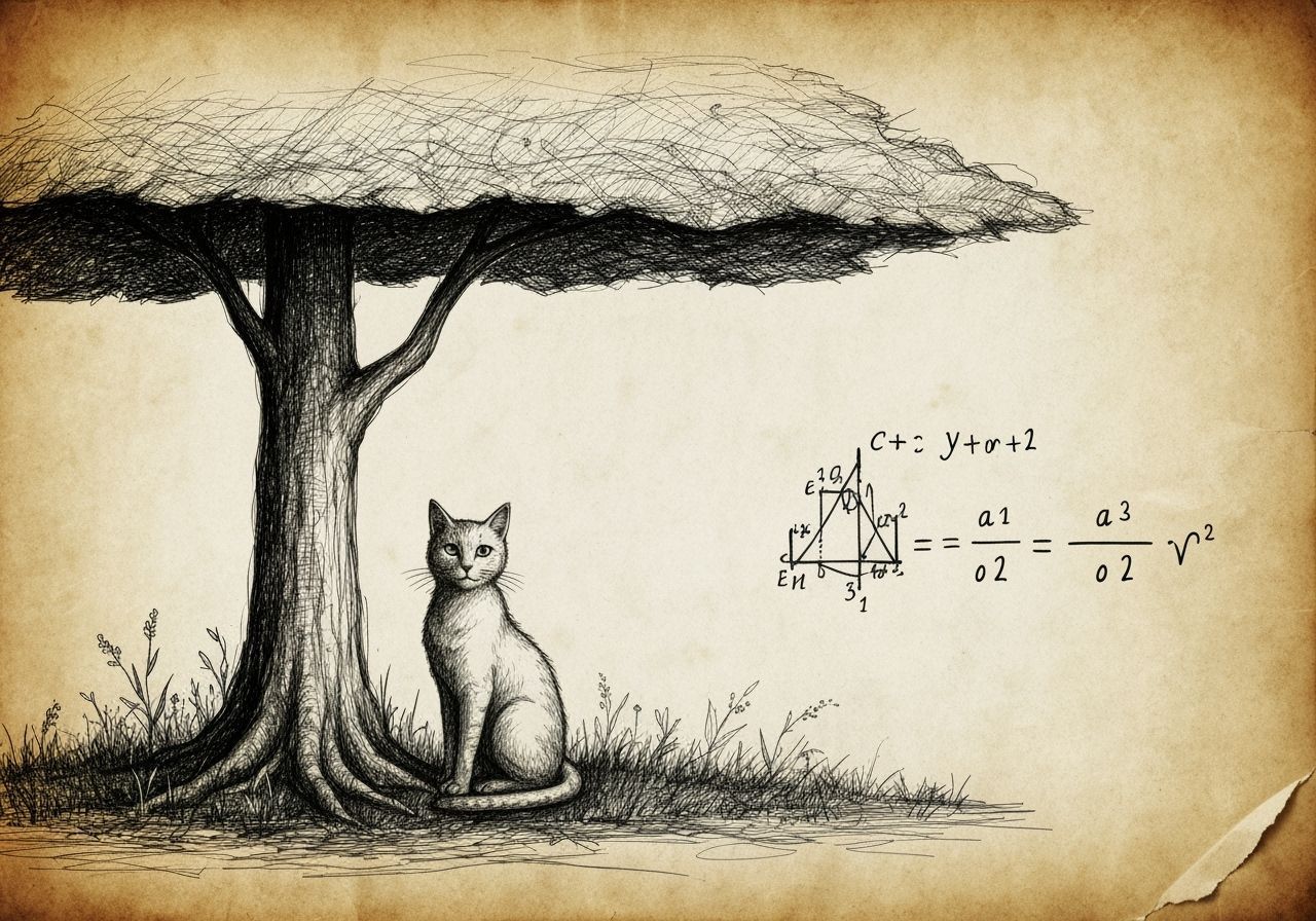 Glitchcore Cat Under Tree in Synthwave Style