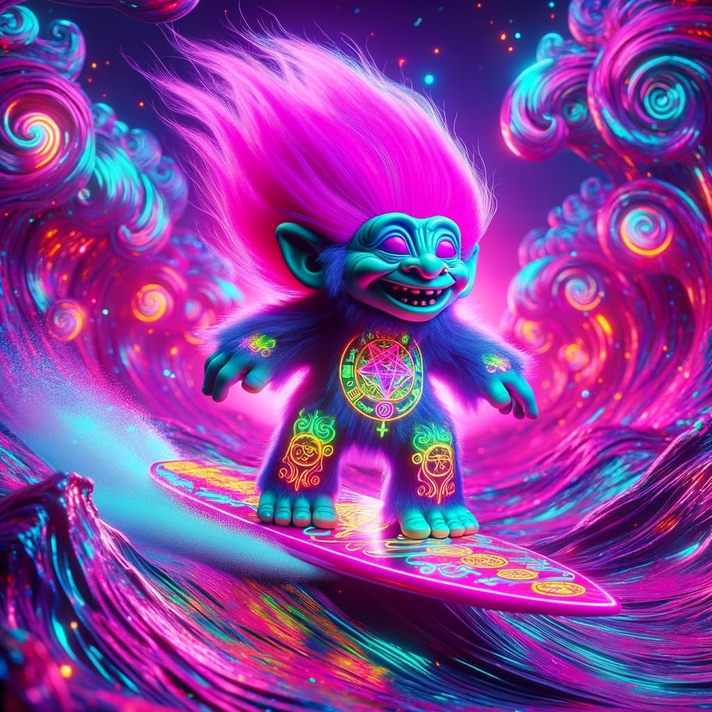 Psychedelic Troll Surfer on Swirling Purple Clouds