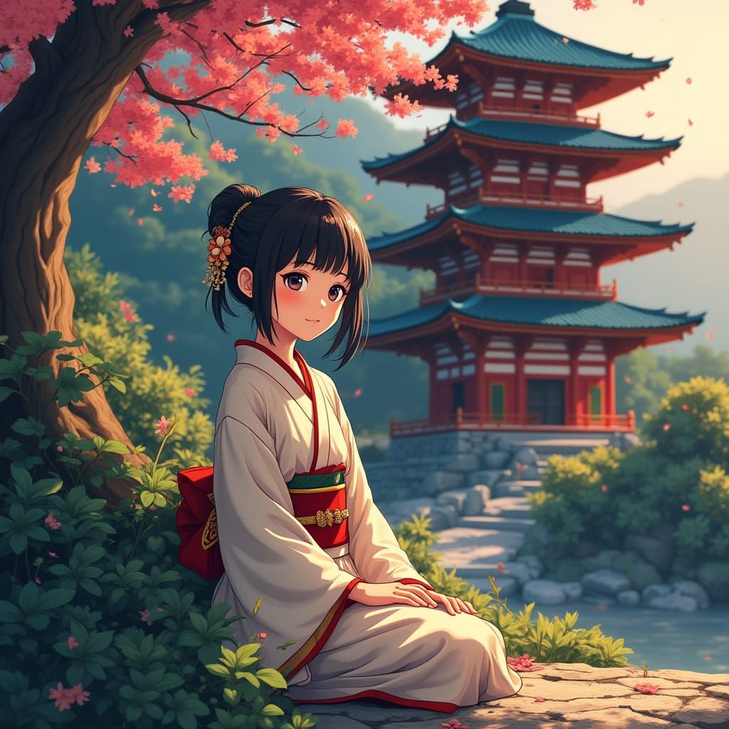 Elegant Japanese Girl in Traditional Kimono, Surrounded by C...