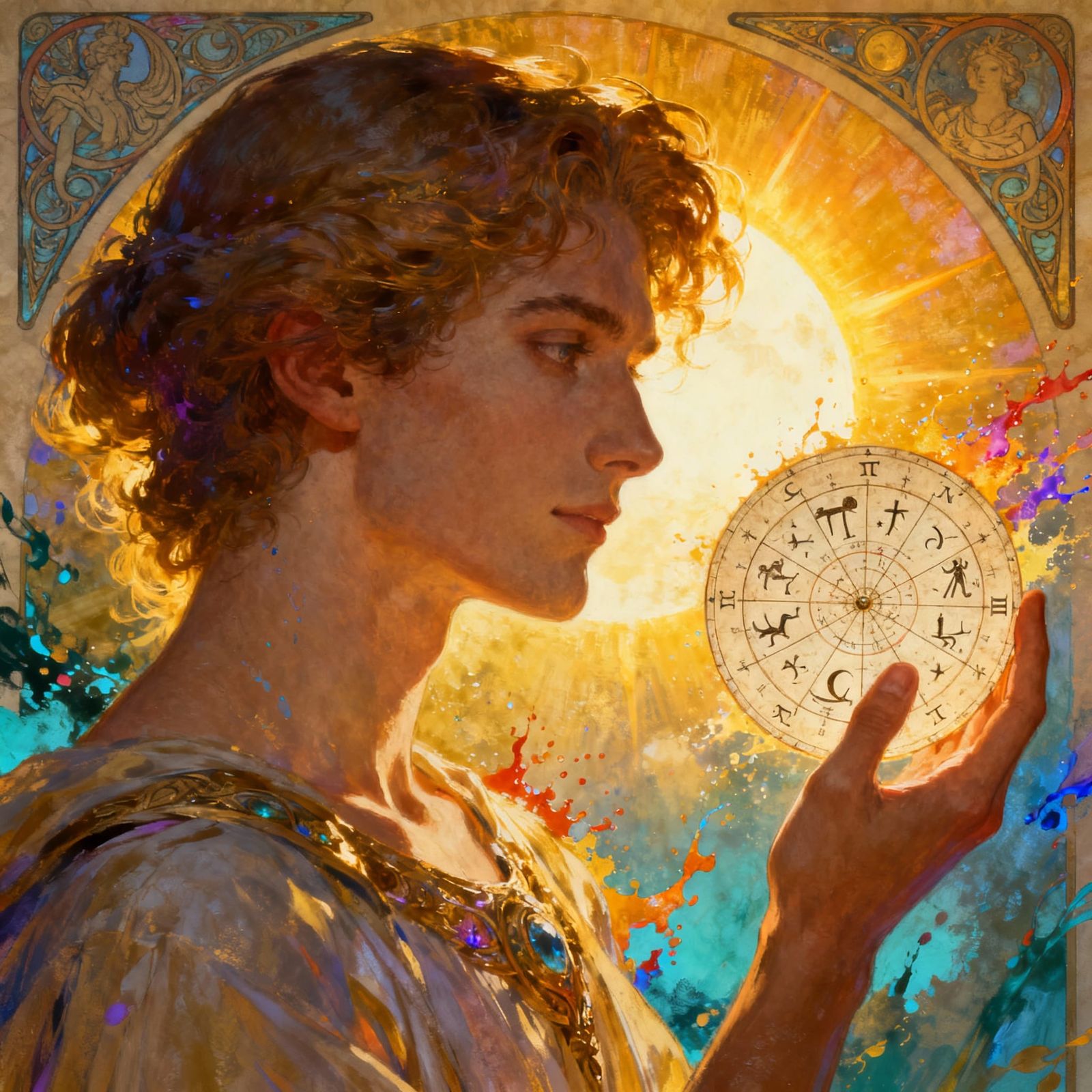 Mystical Hand Holding Astrological Chart in Golden Sunlight