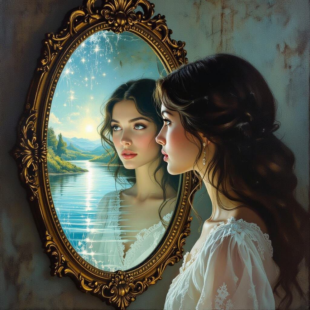 Woman Gazes Into Magical Mirror Showing Dreamscape