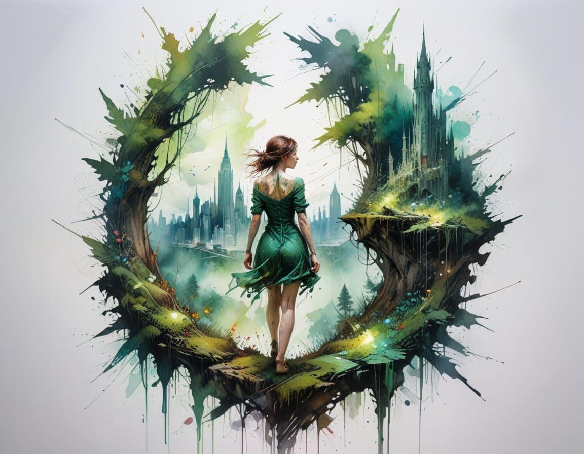 Woman at Crossroads of Nature and Gothic City