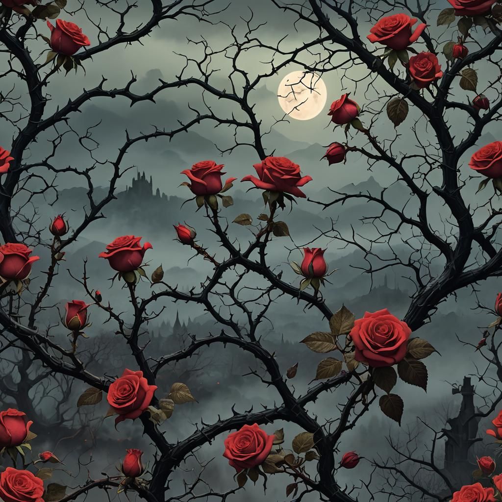 Moonlit Roses and Thorns in Dark Surrealism