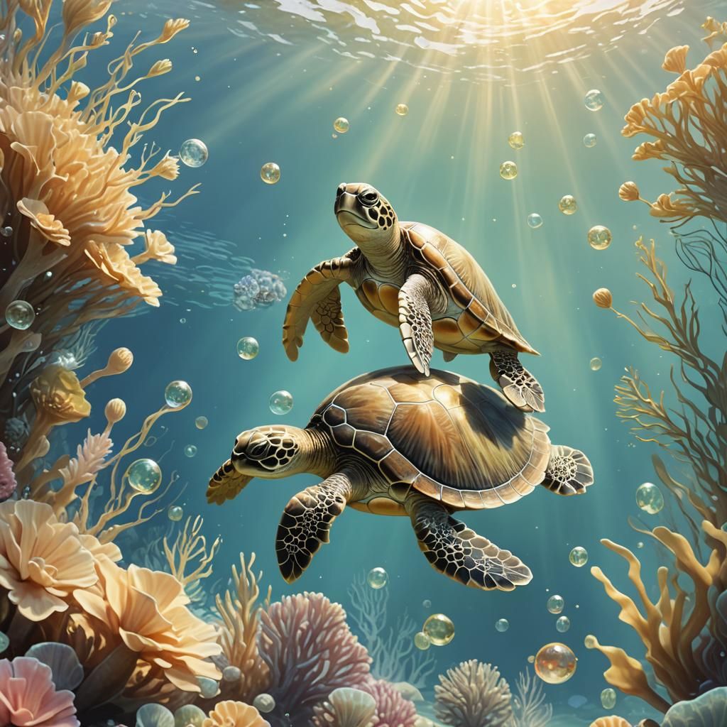 Whimsical 3D Illustration of Baby Turtle Playing