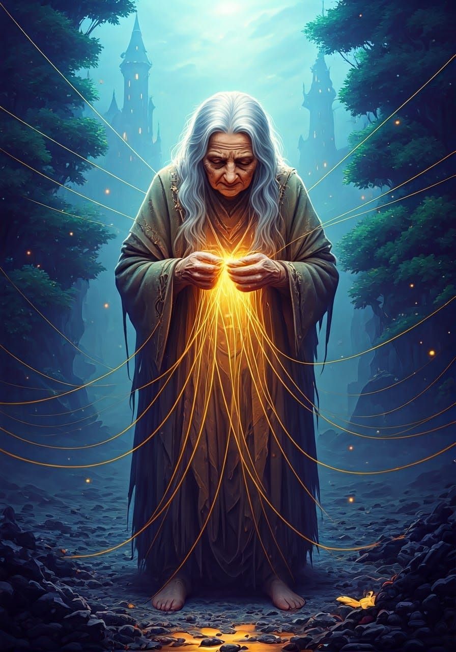Elderly Woman Weaving Destiny in Mystical Realm