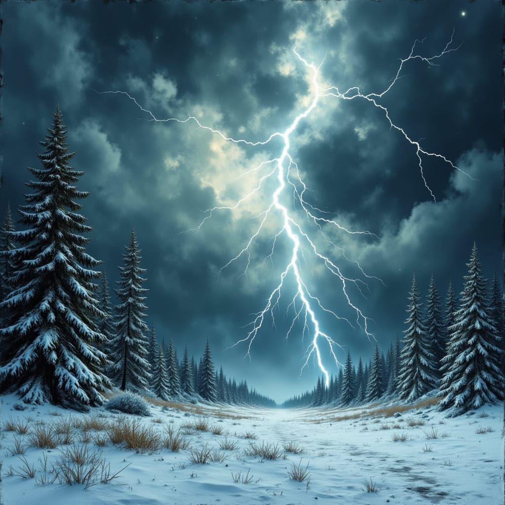 Dramatic Thunderstorm Over Snowy Landscape