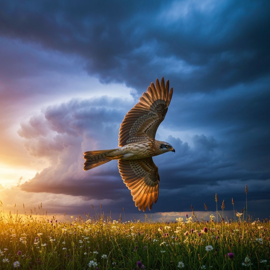 Bird Soaring Through Stormy Sky: Digital Painting