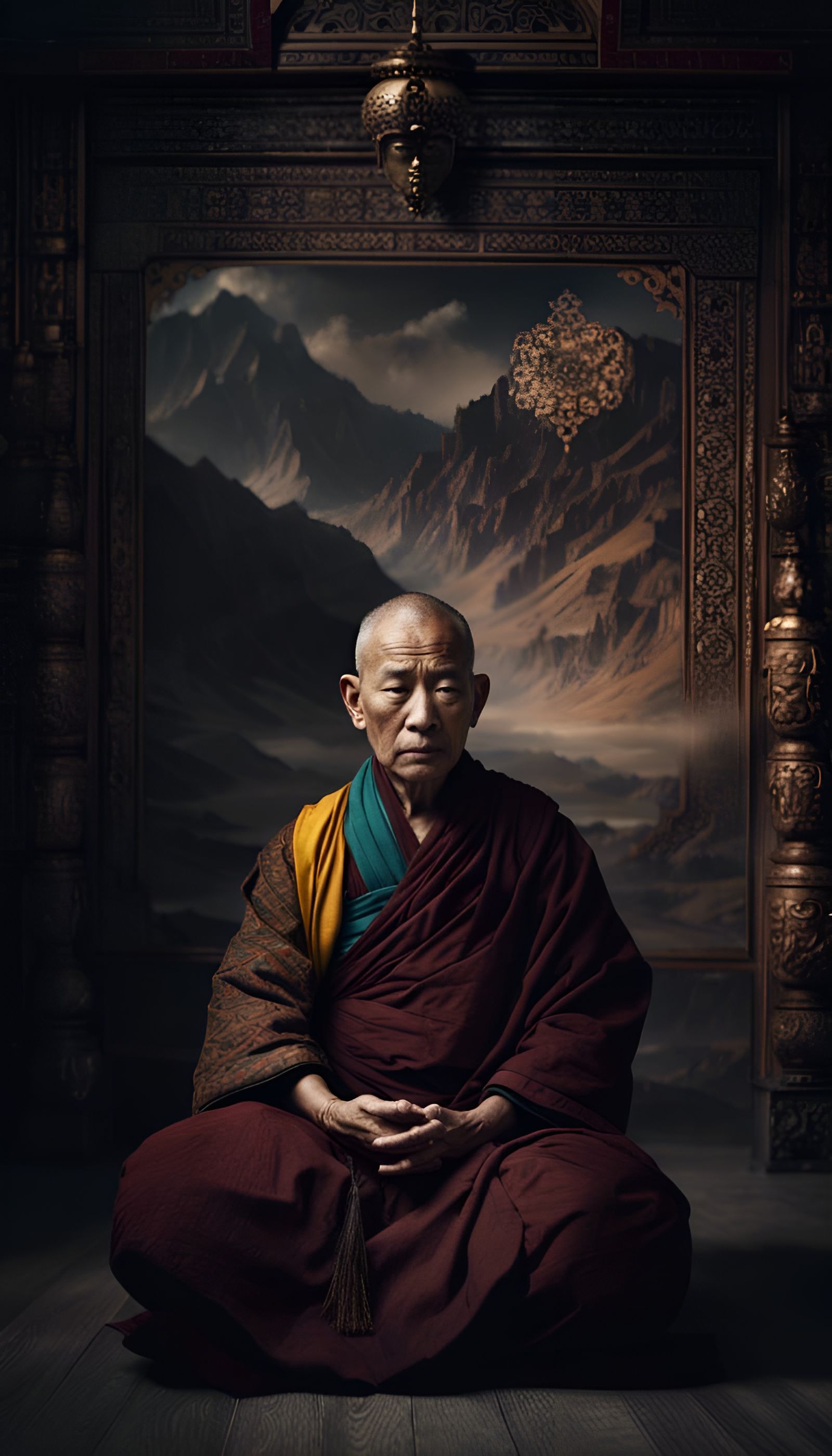 Tibetan Monk Meditating: Hyperrealistic Digital Matte Painti...