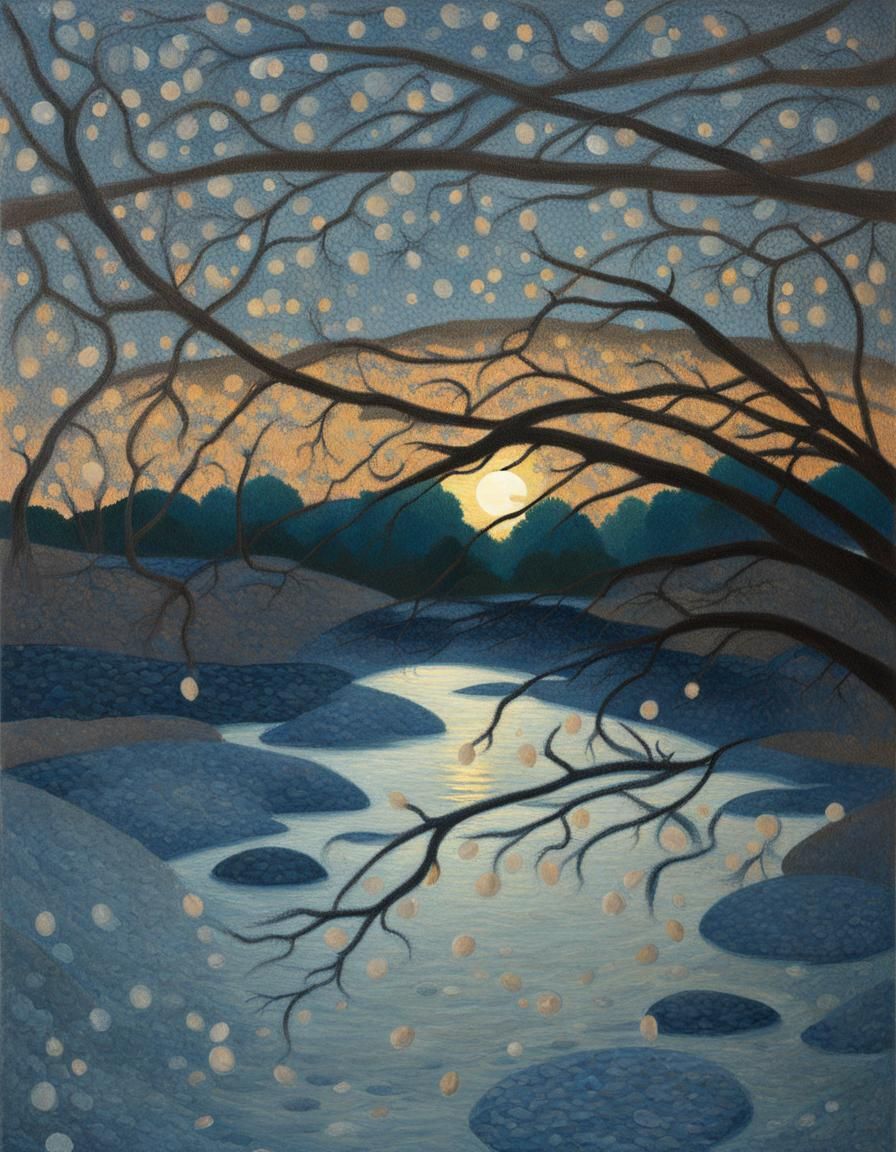 Surreal Dusk Landscape with Floating Leaves