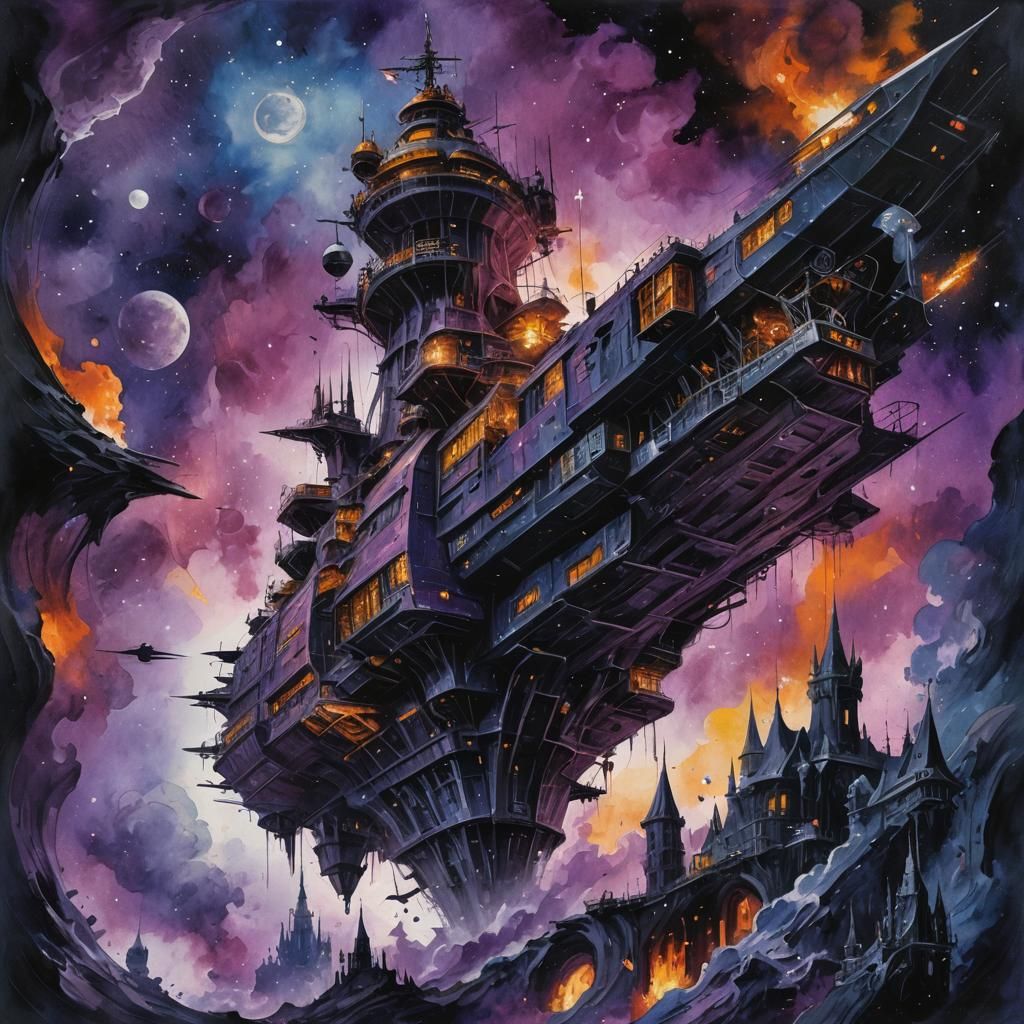 Gothic Space Station Under Siege: A Gouache Painting