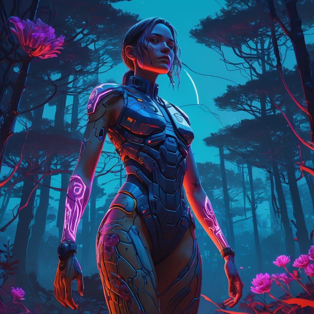 Cyberpunk Goddess in Lush Neon Forest